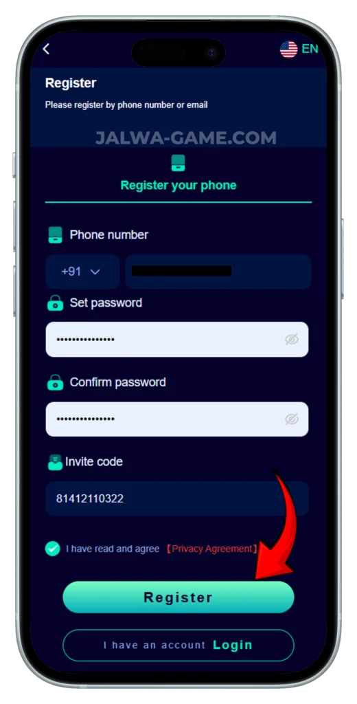 Jalwa-Game-Register-Page